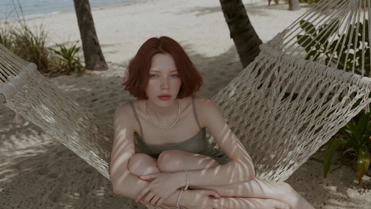 A woman resting on a hammock between palms by the sea