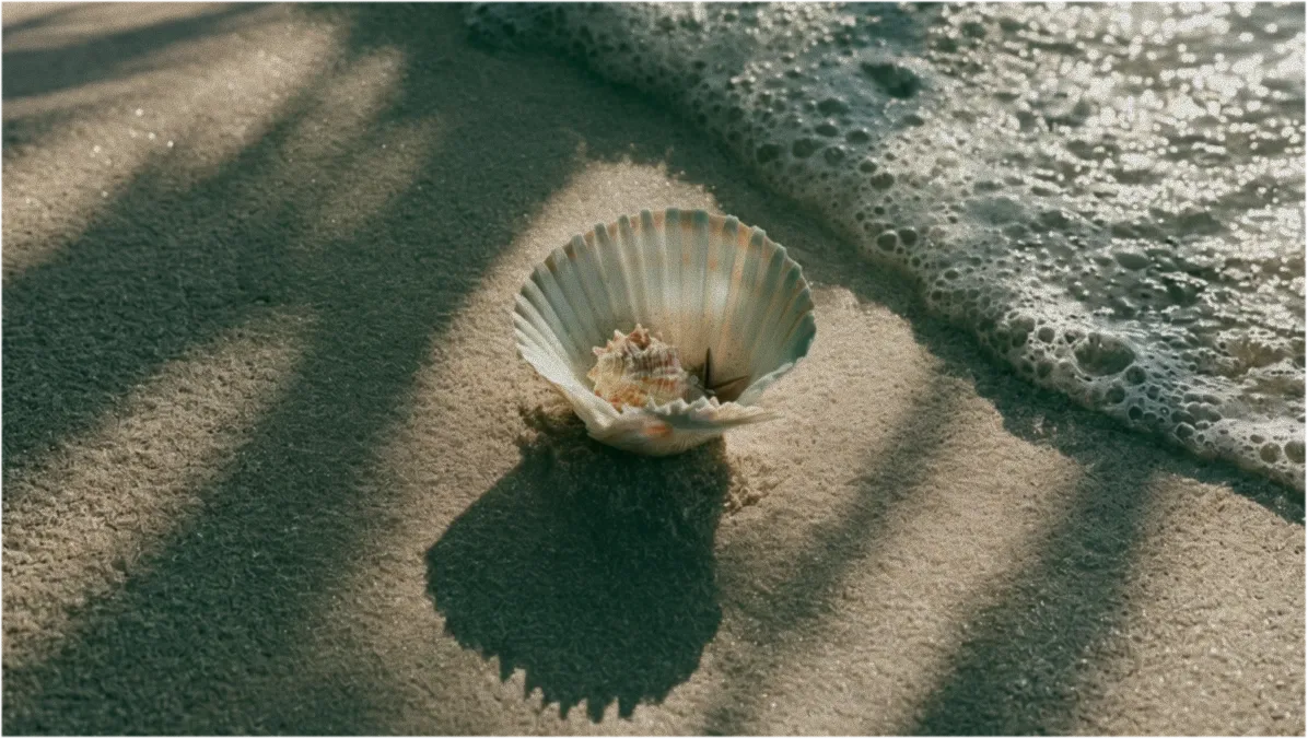 A scallop shell on wet sand as the tide washes in
