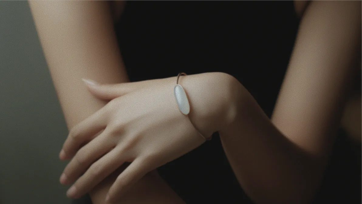 The Ygeia bangle worn on a crossed wrist in low light